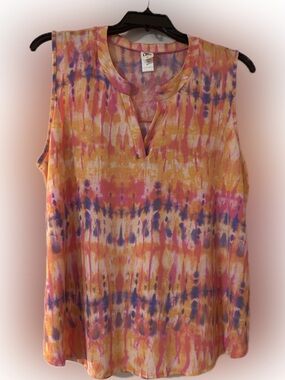 Sew In Love Sleeveless Tie-Dye Split-Neck Tank - Pink Orange Blue